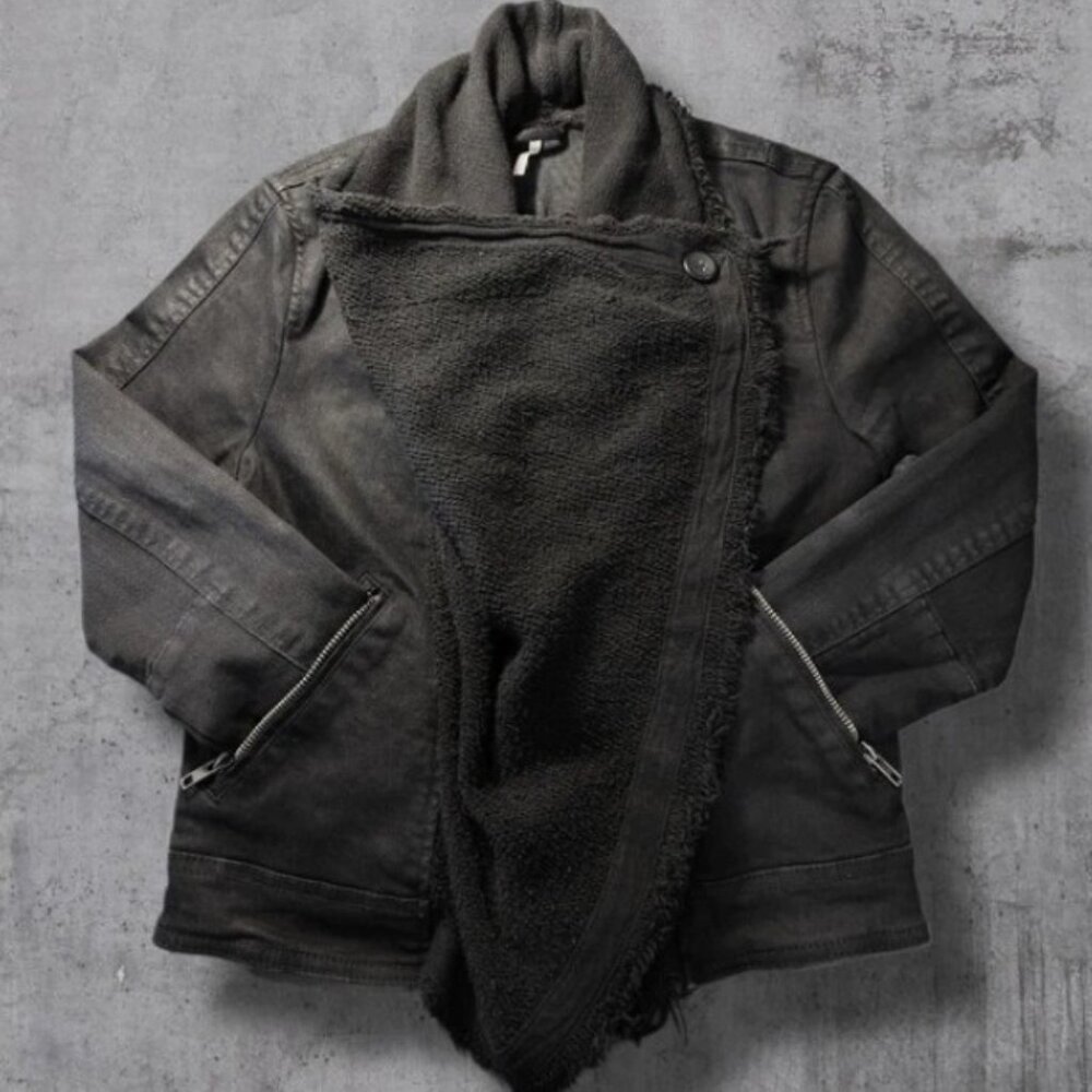 Free People Black Waterfall Waxed Denim Moto Jacket